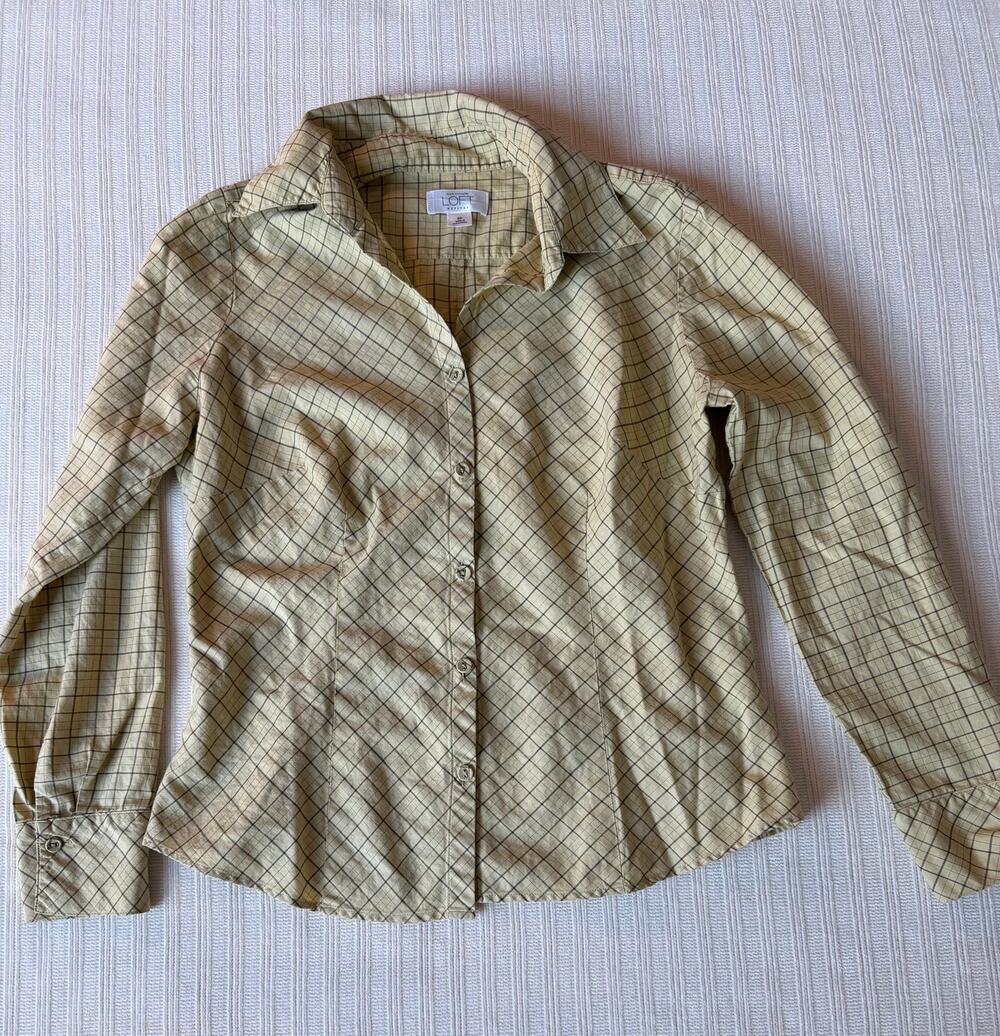 Ann Taylor LOFT Yellow Checked Plaid Cotton Button Down Fitted Blouse Size 6P